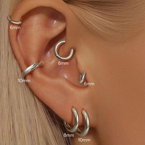6 Pairs Small Silver Hoop Earrings for Women, Hypoallergenic 14K Gold Plated Stainless Steel Huggie Hoop Earrings Set for Sensitive Ears, Tiny Cartilage Conch Helix Earrings for Multiple Piercing Jewelry 6mm 8mm 10mm in Saudi Arabia
