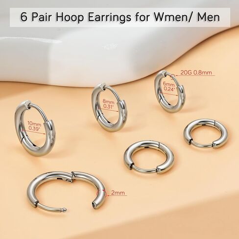 6 Pairs Small Silver Hoop Earrings for Women, Hypoallergenic 14K Gold Plated Stainless Steel Huggie Hoop Earrings Set for Sensitive Ears, Tiny Cartilage Conch Helix Earrings for Multiple Piercing Jewelry 6mm 8mm 10mm in Saudi Arabia