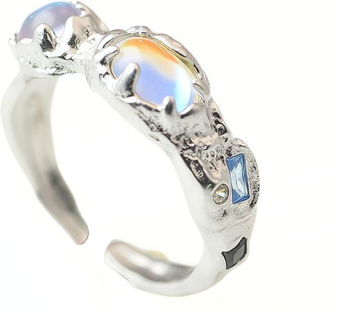 Moonstone Sterling Silver Aquamarine Gemstone Gemstone Mood Rings يمكن تعديلها للنساء ، هدية المجوهرات الحلقية للنساء للنساء زوجة أمي in Saudi Arabia