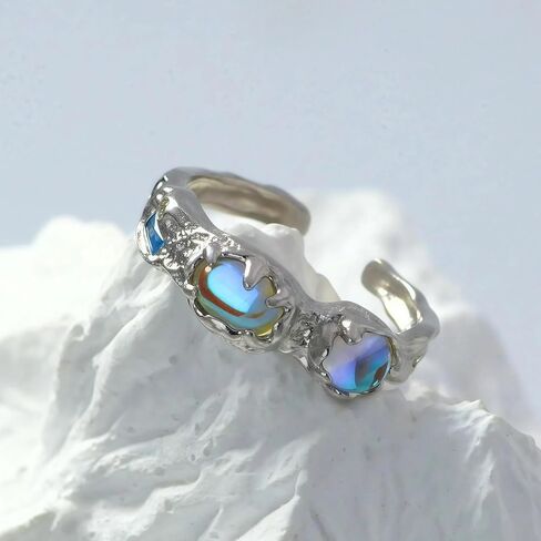 Moonstone Sterling Silver Aquamarine Gemstone Gemstone Mood Rings يمكن تعديلها للنساء ، هدية المجوهرات الحلقية للنساء للنساء زوجة أمي in Saudi Arabia