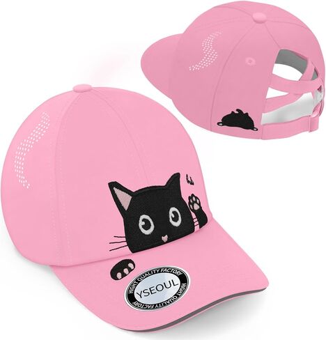 فتيات Criss Cross Ponytail Hat - قبعة بيسبول أسود Cat للأطفال من 7 إلى 15 - قبعة شمس القطن القابلة للتعديل لهدايا محبي القط in Kuwait