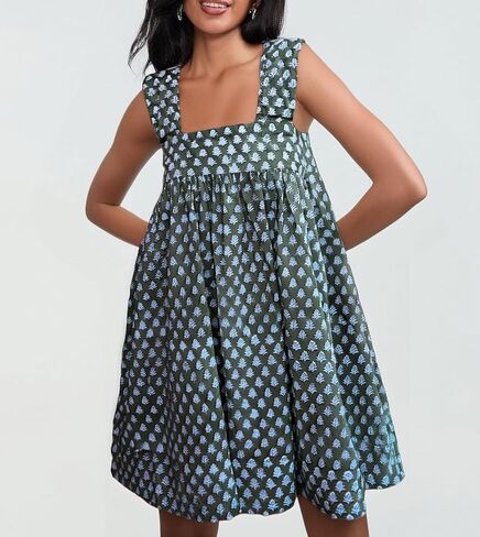 Women Floral Tie Shoulder Mini Dress Cute Square Neck Loose Fit Beach Short Dress Backless Boho Vocation Sundress in Saudi Arabia