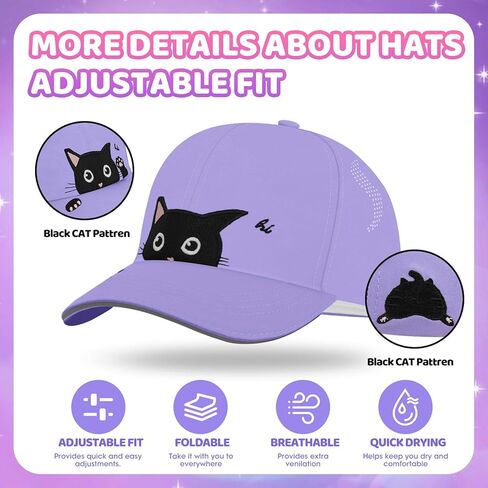 Girls Criss Cross Ponytail Hat - Black Cat Baseball Cap for Kids Age 7-15 - Adjustable Cotton Sun Hat for Cat Lover Gifts in Kuwait