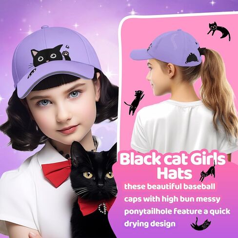 Girls Criss Cross Ponytail Hat - Black Cat Baseball Cap for Kids Age 7-15 - Adjustable Cotton Sun Hat for Cat Lover Gifts in Kuwait