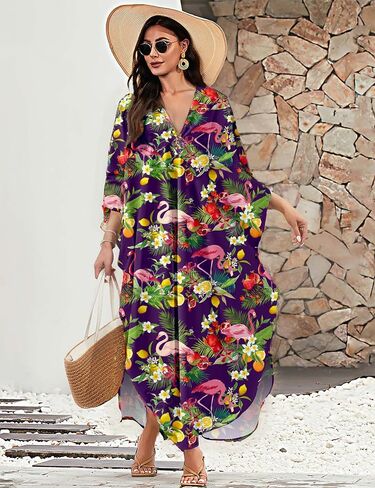 MAKABO Kaftan for Women Dress V Neck Short Sleeve Beach Vacation Bikini Swimsuit Cover Ups Loungewear for Summer in Saudi Arabia