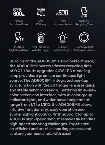 Godox AD600BM 600Ws HSS Outdoor Monolight Flash Strobe Bowens Mount | 500 Flashes, 0.01-2.5s Recycle, 10W Modeling Lamp, GN87, 8700mAh Battery, 2.4G X System, High Speed Sync in Saudi Arabia