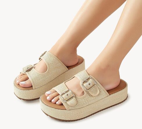 LUCKY STEP Women's Platform Slide Sandals Braided Adjustable Strap Flat Open Toe Summer Casual Shoes Beach Outdoor Wedge Woven Slipper in Saudi Arabia