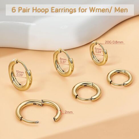 6 أزواج أقراط فضية صغيرة من الفضة للنساء ، وأقراط Huggie Huggie Hypoallergenic 14k مطلي بالذهب غير القابل للصدأ المقعدة للآذان الحساسة ، وأقراط حلزون الغضروف الصغيرة لمجوهرات متعددة 6 ملم 10 ملم 10 ملم in Kuwait