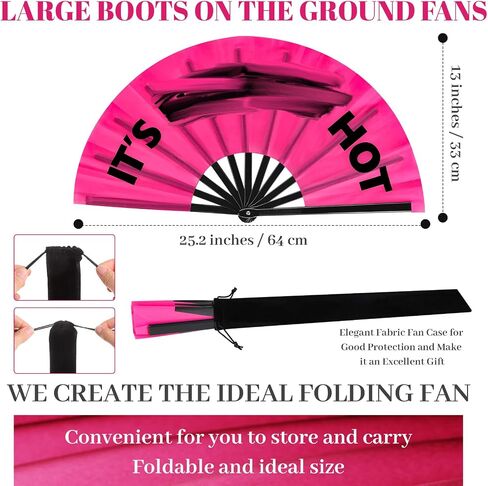 Blulu 2 Pcs Large Folding Fans for Line Dancing for Women Men Big Silk Clack Popping Fans Foldable for Line Dancing Make Large Sounds Boots on The Ground Fan(Rose Red, Black) in Saudi Arabia