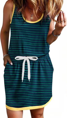 Yousify Cotton Summer Dresses for Women Striped Dress Drawstring Waist Casual Tank Mini Dresses with Pockets in Saudi Arabia