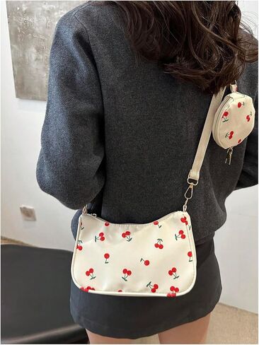 Women's Cherry Graphic Zipper Crossbody Bag Adjustable Strap Cute Hobo Bag with Small Purses in Saudi Arabia