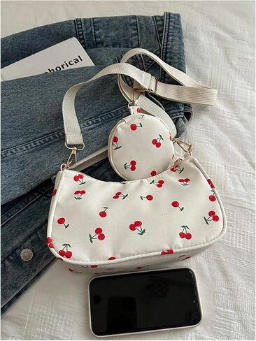 Women's Cherry Graphic Zipper Crossbody Bag Adjustable Strap Cute Hobo Bag with Small Purses in Saudi Arabia