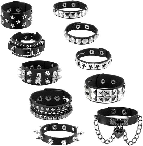 PLIGREAT 10 Pcs Leather Punk Bracelet Black Gothic Steampunk Buckle Wristband Cuff Bangle Retro Adjustable Cool Rock Cuff Bracelets for Men Women Cosplay Night Club Party Favors Gift in Saudi Arabia