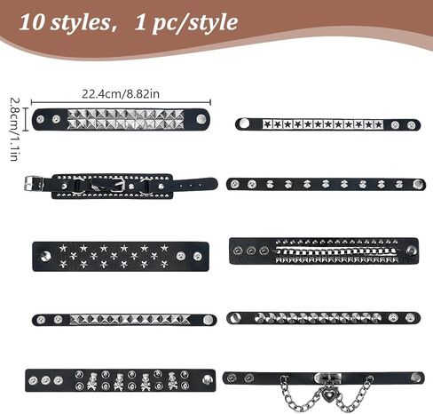 PLIGREAT 10 Pcs Leather Punk Bracelet Black Gothic Steampunk Buckle Wristband Cuff Bangle Retro Adjustable Cool Rock Cuff Bracelets for Men Women Cosplay Night Club Party Favors Gift in Saudi Arabia