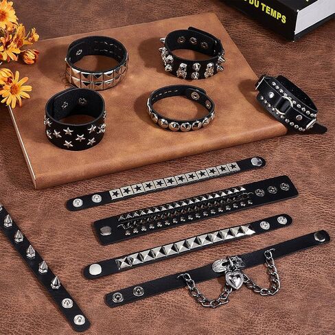 PLIGREAT 10 Pcs Leather Punk Bracelet Black Gothic Steampunk Buckle Wristband Cuff Bangle Retro Adjustable Cool Rock Cuff Bracelets for Men Women Cosplay Night Club Party Favors Gift in Saudi Arabia