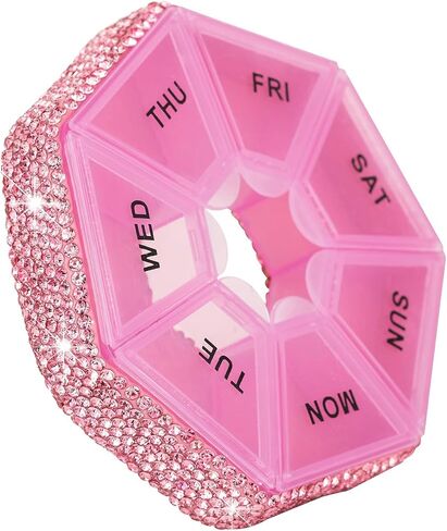 Round Pill Organizer Small Weekly Pill Case for Purse Bling Cute Medicine Pill Box Compact Vitamin Container 7 Day Daily Pill Holder Planner(Pink) in Kuwait