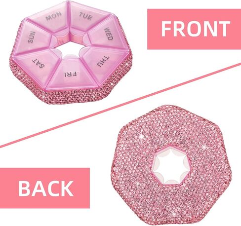 Round Pill Organizer Small Weekly Pill Case for Purse Bling Cute Medicine Pill Box Compact Vitamin Container 7 Day Daily Pill Holder Planner(Pink) in Kuwait