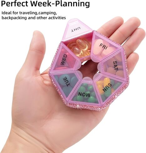 Round Pill Organizer Small Weekly Pill Case for Purse Bling Cute Medicine Pill Box Compact Vitamin Container 7 Day Daily Pill Holder Planner(Pink) in Kuwait