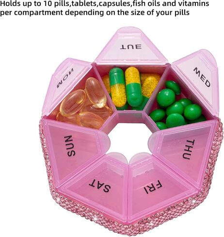 Round Pill Organizer Small Weekly Pill Case for Purse Bling Cute Medicine Pill Box Compact Vitamin Container 7 Day Daily Pill Holder Planner(Pink) in Kuwait