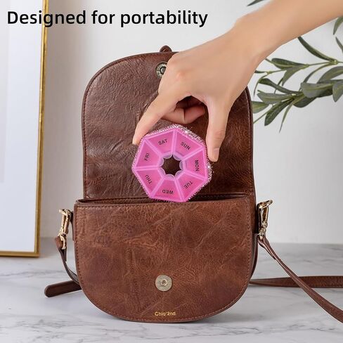 Round Pill Organizer Small Weekly Pill Case for Purse Bling Cute Medicine Pill Box Compact Vitamin Container 7 Day Daily Pill Holder Planner(Pink) in Kuwait