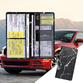 Car Registration and Insurance Holder with Magnetic Shut, PU Leather Car Glove Box Organizer Car Document Holder for ID, License, Universal Car Organizer Accessories for Women Men (Marble Black)