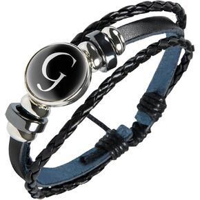 Men's Personalized Braided Leather Bracelet with Initials Engraved, Adjustable A-Z Initials Black Hematite Stone Bracelet for Men, Gifts for Him, Birthday, Anniversary (7.5-10 Inches)