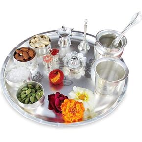 NOBILITY Pooja Thali Set Silver Plated Large 12 Inch Puja Thali for Diwali Decoration Gift Items Festival Ethnic Puja Thali for Temple Office Home Wedding Return Gifts