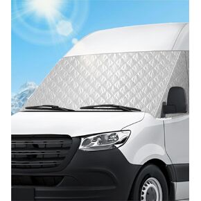 Windshield Cover for Mercedes Sprinter 2007-2024 Motorhome, Front Window Sunshade Cover & Privacy Shield, White with Mirror Cutouts