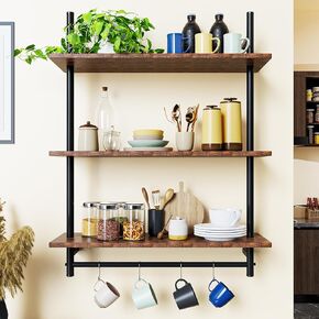 Floating Kitchen Shelves for Wall,3 Tier Over The Toilet Storage Rack,Storage Coffee Bar Hanging Shelves with Bar for Kitchen Living Room Bathroom Organizer,Above Toilet Storage 23 Inch Brown