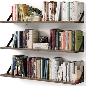 Floating Book Shelves, Set of 3, 35.4 Inches Wall Bookshelf, Long Large Deep Floating Shelves, Rustic Brown Wood Hanging Wall Shelves for Kitchen, Bedroom (Dark Brown, 36 Inches)