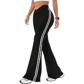 Women's High Waist V Crossover Flare Pants Letter Striped Bell Bottoms Workout Yoga Leggings