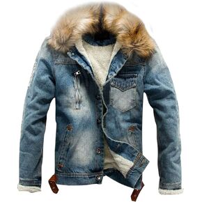 Omoone Men's Faux Fur Collar Sherpa Fleece Lined Distressed Denim Trucker Jacket
