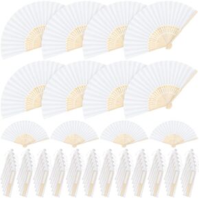Elcoho 60 Pieces Folding Fans for Wedding Silk Bamboo Folding Fans with Fabric Sleeve Handheld Fan Folding Fans for Guests Bridal Shower Gifts, Party Favors, Home Decoration, Multicolor