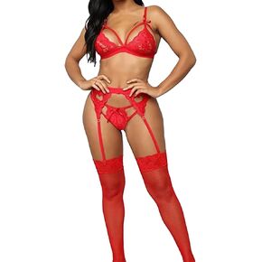 Garter Belt Lingerie Sets For Women Teddy Babydoll Bodysuit See-through Lace 3 Pieces Set