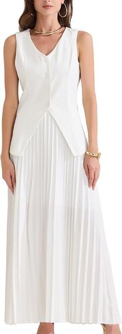 Allegra K Women's 2 Piece Summer Outfits V Neck Sleeveless Button Vest Maxi Pleated Skirts Set in Saudi Arabia