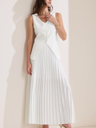 Allegra K Women's 2 Piece Summer Outfits V Neck Sleeveless Button Vest Maxi Pleated Skirts Set in Saudi Arabia