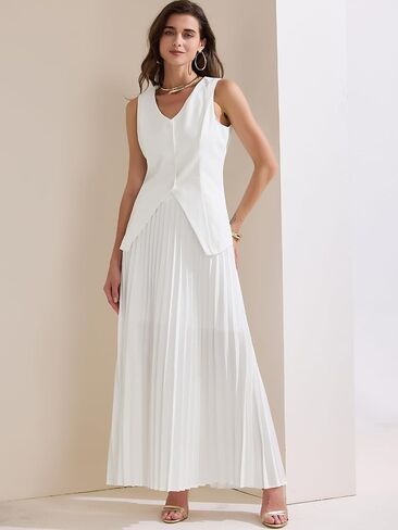 Allegra K Women's 2 Piece Summer Outfits V Neck Sleeveless Button Vest Maxi Pleated Skirts Set in Saudi Arabia