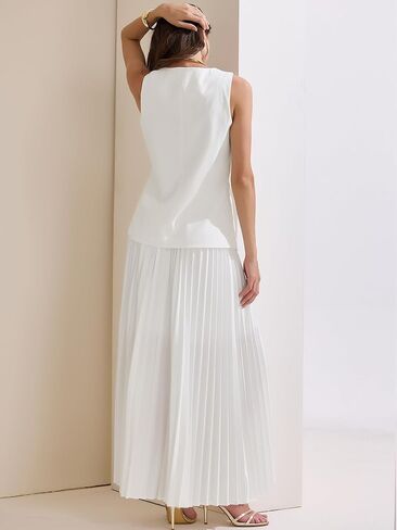 Allegra K Women's 2 Piece Summer Outfits V Neck Sleeveless Button Vest Maxi Pleated Skirts Set in Saudi Arabia