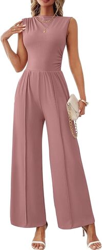 Womens Jumpsuits Dressy Casual Summer Sleeveless Mock Neck Wide Leg Pants Rompers with Pockets One Piece Outfits in Kuwait