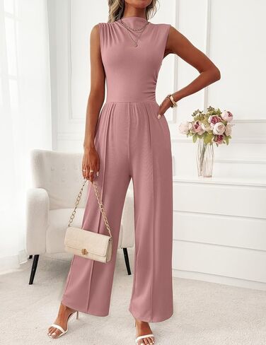 Womens Jumpsuits Dressy Casual Summer Sleeveless Mock Neck Wide Leg Pants Rompers with Pockets One Piece Outfits in Kuwait