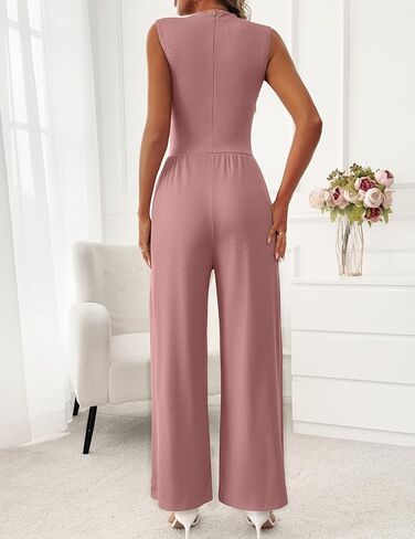 Womens Jumpsuits Dressy Casual Summer Sleeveless Mock Neck Wide Leg Pants Rompers with Pockets One Piece Outfits in Kuwait
