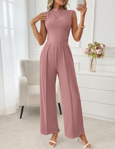 Womens Jumpsuits Dressy Casual Summer Sleeveless Mock Neck Wide Leg Pants Rompers with Pockets One Piece Outfits in Kuwait