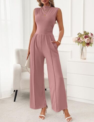 Womens Jumpsuits Dressy Casual Summer Sleeveless Mock Neck Wide Leg Pants Rompers with Pockets One Piece Outfits in Kuwait