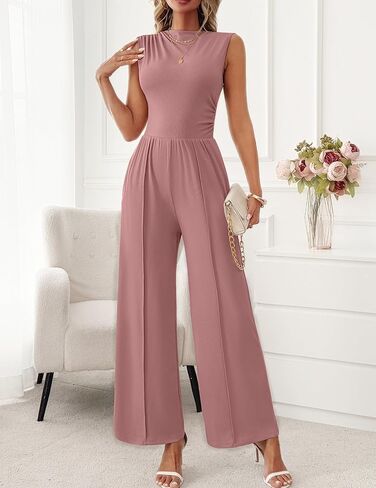 Womens Jumpsuits Dressy Casual Summer Sleeveless Mock Neck Wide Leg Pants Rompers with Pockets One Piece Outfits in Kuwait