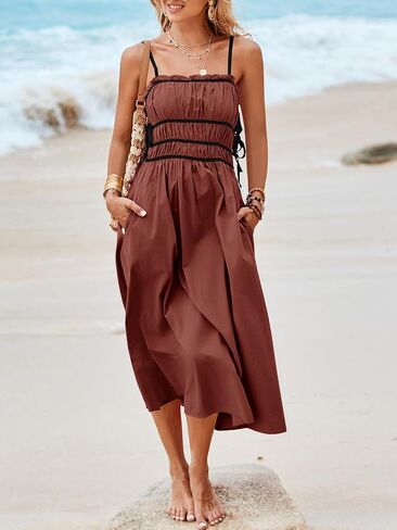 Wenrine Women Summer Spaghetti Strap Bress Dress Alcyfeless Tie Sundress A Sundress A Line Vacation Beach Midi Dresses in Kuwait