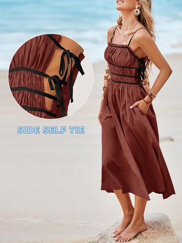 Wenrine Women Summer Spaghetti Strap Bress Dress Alcyfeless Tie Sundress A Sundress A Line Vacation Beach Midi Dresses in Kuwait