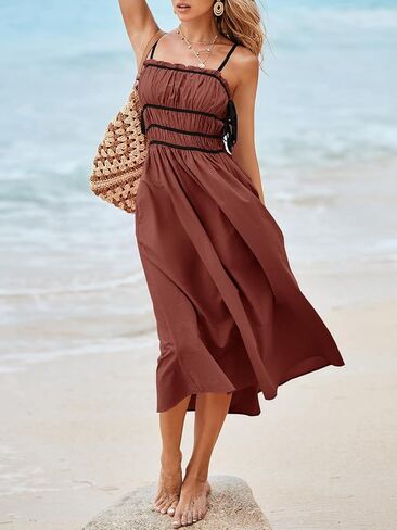 Wenrine Women Summer Spaghetti Strap Bress Dress Alcyfeless Tie Sundress A Sundress A Line Vacation Beach Midi Dresses in Kuwait