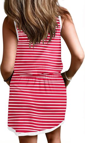 Yousify Cotton Summer Dresses for Women Striped Dress Drawstring Waist Casual Tank Mini Dresses with Pockets in Saudi Arabia