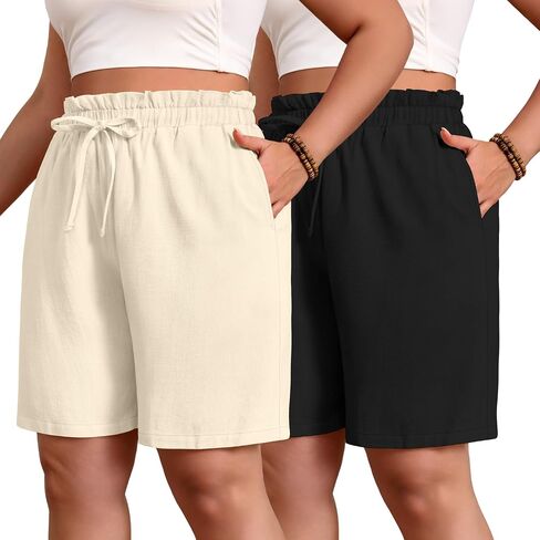 2 Pack Women's Casual Linen Shorts Bermuda Plus Size L-5xl Cotton Knee Length High Waist Summer Shorts with Pockets in Saudi Arabia