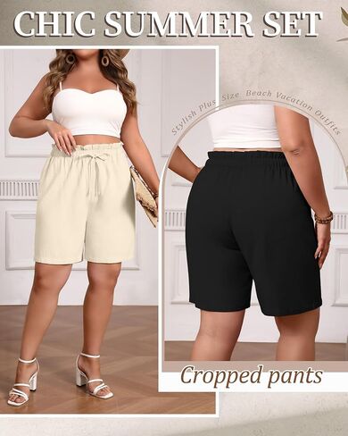 2 Pack Women's Casual Linen Shorts Bermuda Plus Size L-5xl Cotton Knee Length High Waist Summer Shorts with Pockets in Saudi Arabia